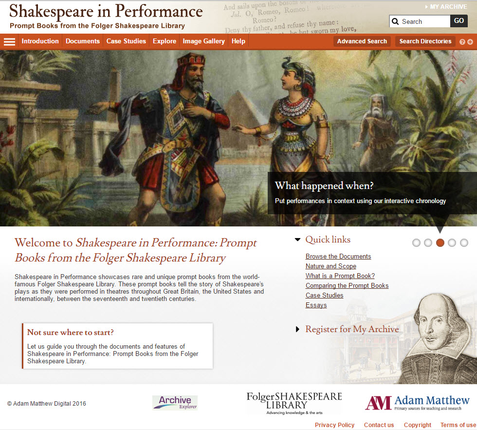Shakespeare in Performance site homepage, showing menu options and quick links